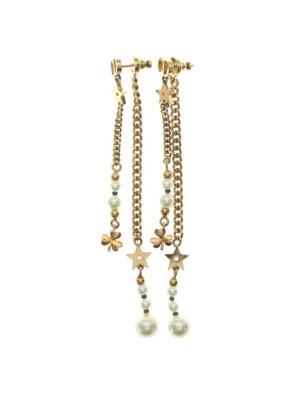 Dior CD Faux Pearl Star Swing Earrings Gold White